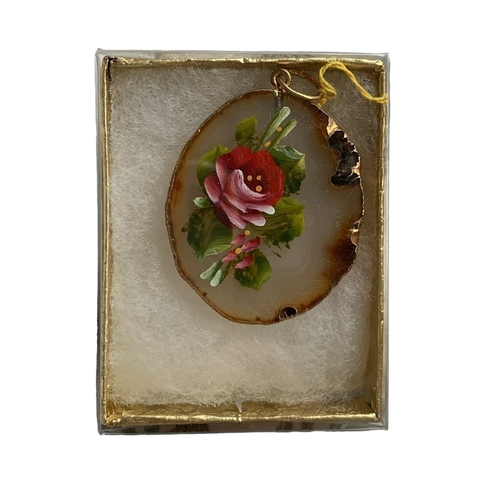 Vintage small Edwardian oval flat semi-opaque hand painted rose pendant necklace